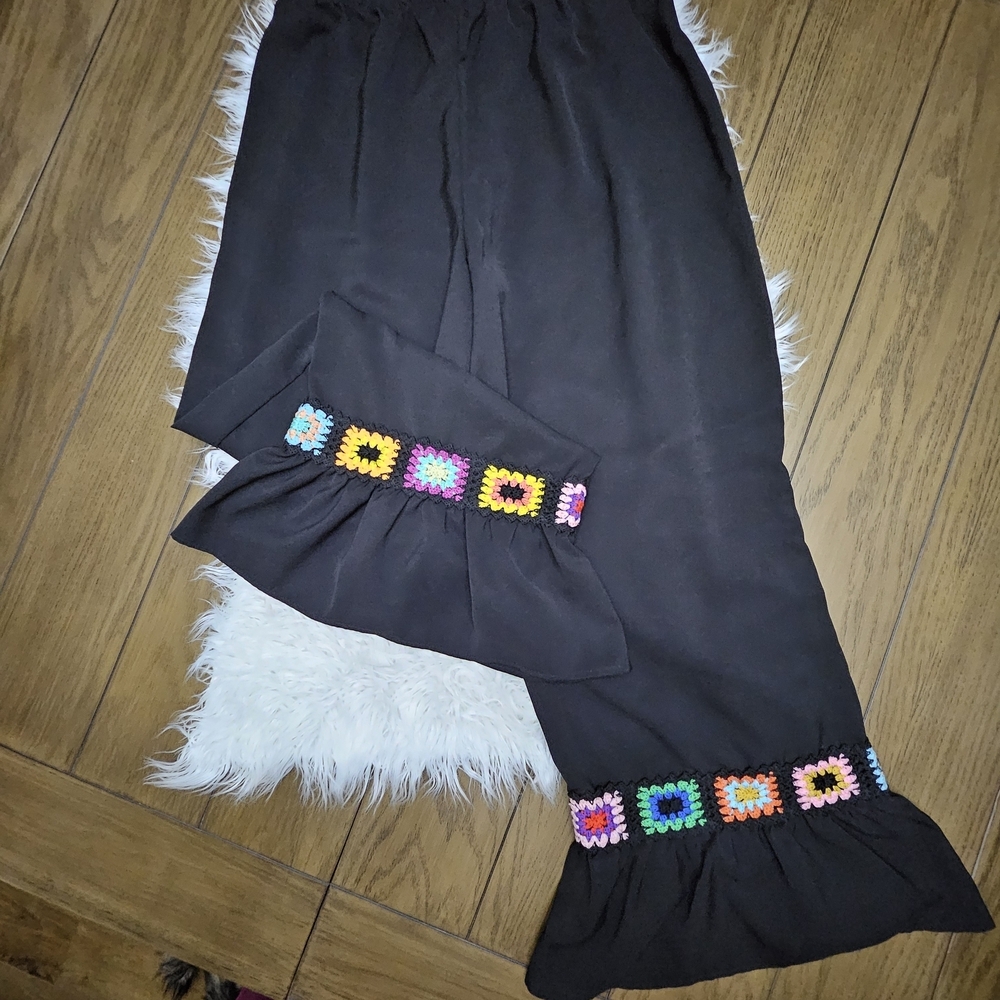 Black Pants with Colorful Crochet Accents